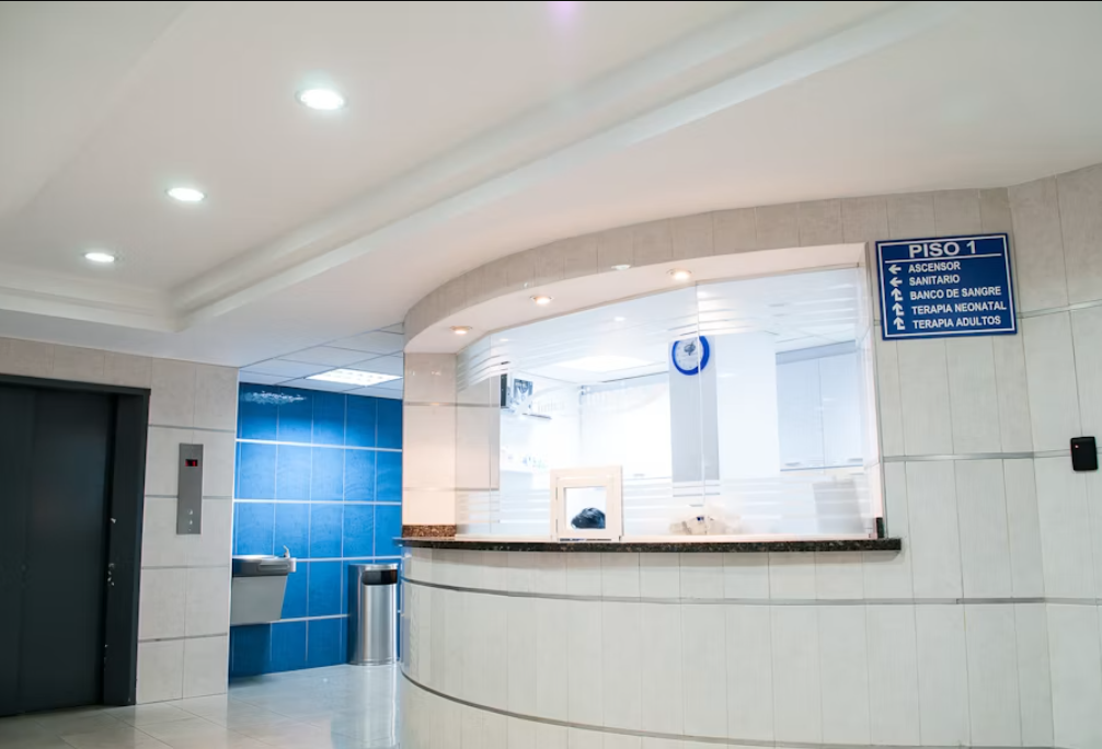 Hospital corridor with clinical stations