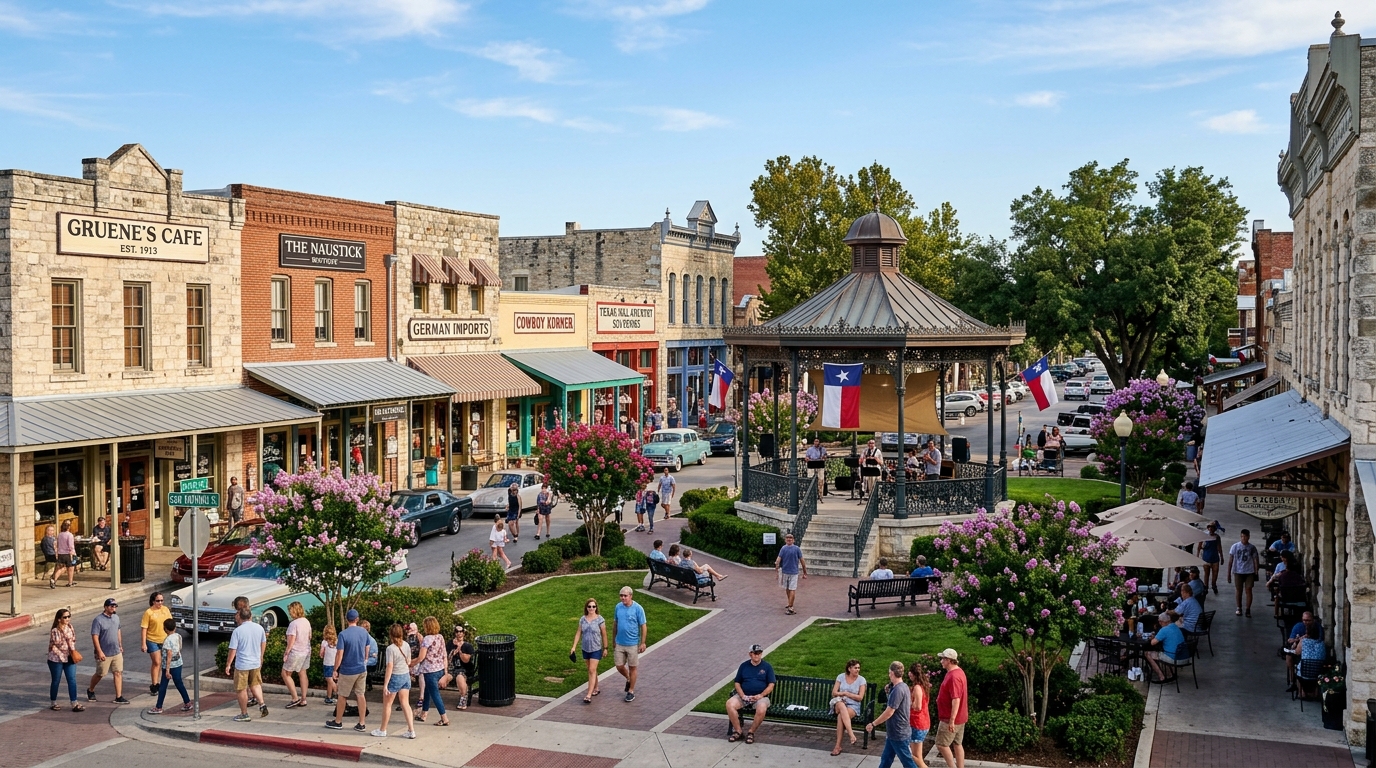Historic downtown New Braunfels and Comal County Hill Country plaza