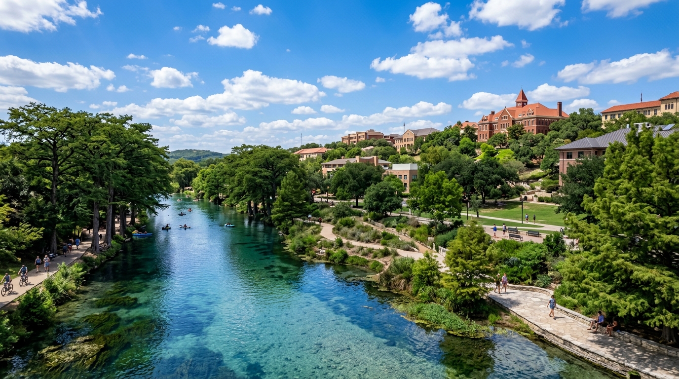 San Marcos riverfront and Hays County Hill Country university corridor