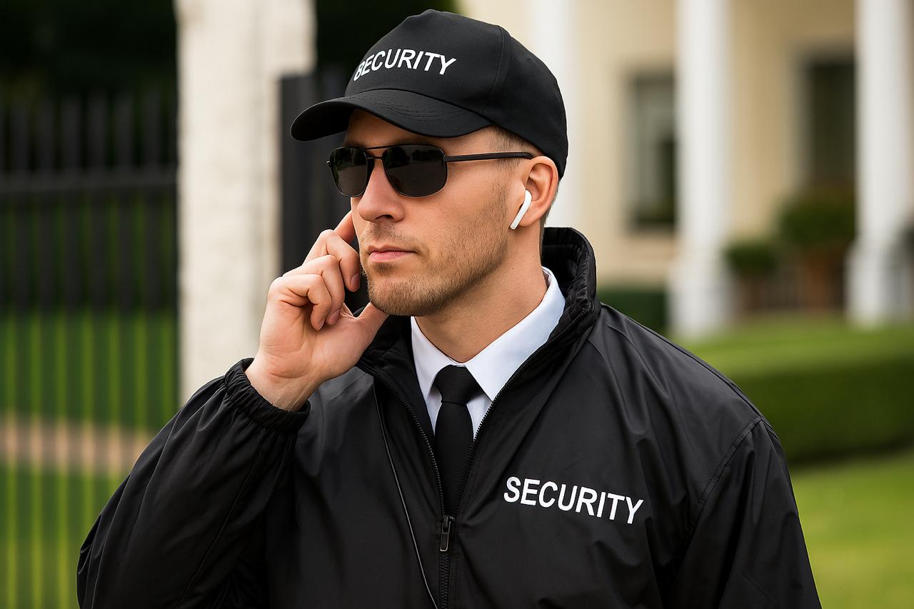Private security detail escorting clients near a business venue